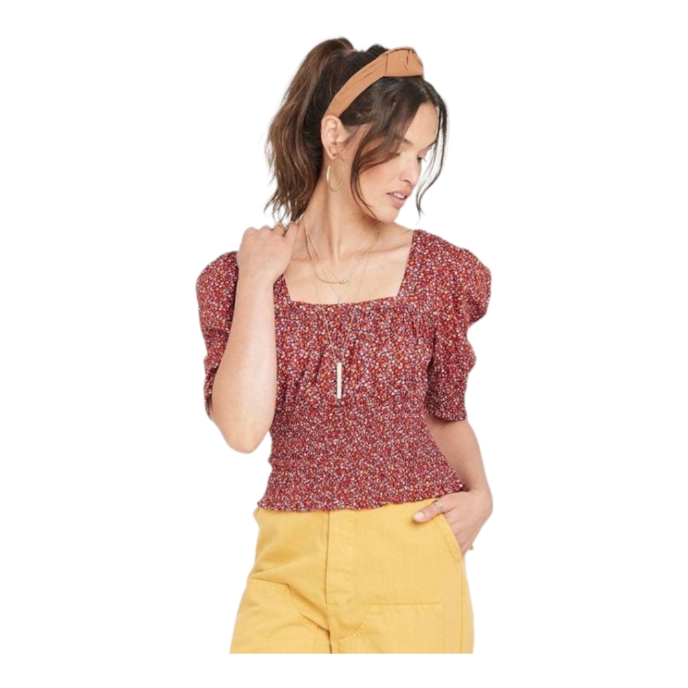 Womens Square Neck Floral Ruched Crop